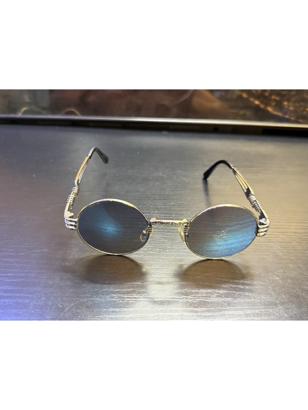 Retro Round Blue Lens Sunglasses Silver Metal Steampunk Wire Frame